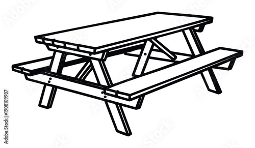 Simple line drawing of a classic wooden picnic table with attached benches, perfect for outdoor leisure activities, park designs, or casual dining establishment branding applications