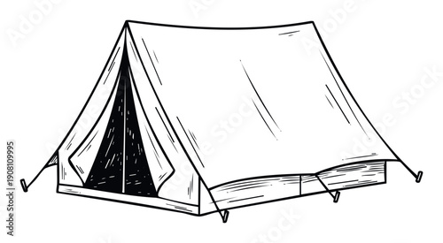 Explore the great outdoors with this minimalist line drawing of a classic camping tent, perfect for illustrating adventure guides, travel blogs, and outdoor recreation advertisements.