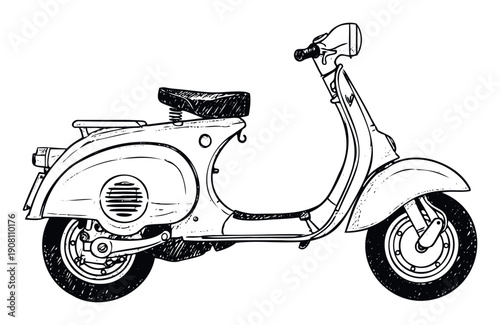 A classic Italian scooter depicted in a handdrawn sketch style showcasing vintage transportation perfect for travel blogs or graphic design projects.