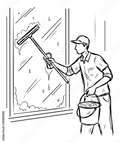 Window cleaner diligently working to make glass sparkling using a squeegee and a bucket of water, perfect for illustrating commercial cleaning services and household chores.