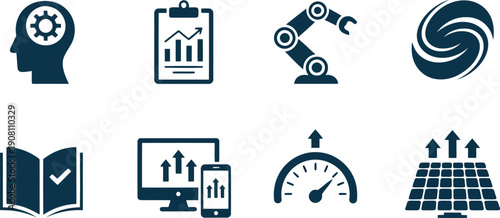 Icons depicting technological innovation business growth automation and sustainable energy solutions