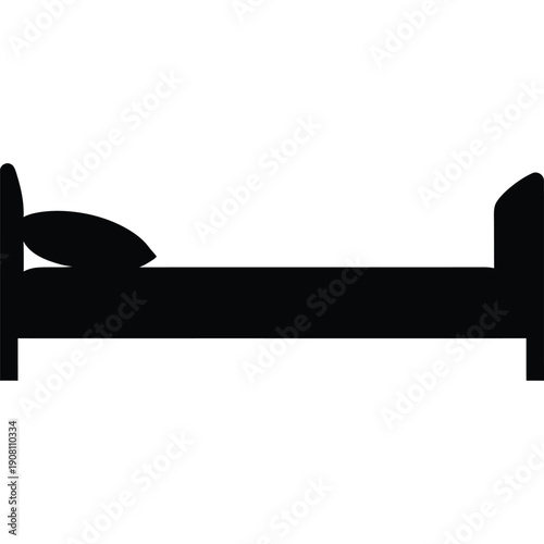 Simple Bed Icon: Minimalist Black and White Bed with Pillow for Digital Interfaces, Signage, and Design Projects