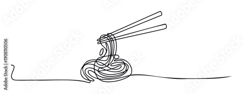 Dynamic single line drawing depicting elegant chopsticks gracefully holding stylized noodles, creating a modern visual for culinary branding, cooking websites, or food packaging designs.