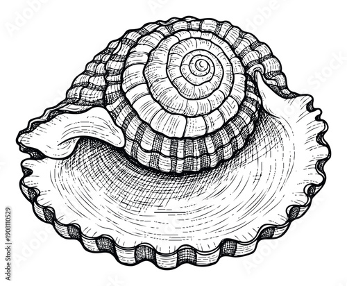 Black and white marine snail shell in an etched style depicting a coiled top and corrugated rim perfect for aquatic themes ocean conservation and naturalist studies