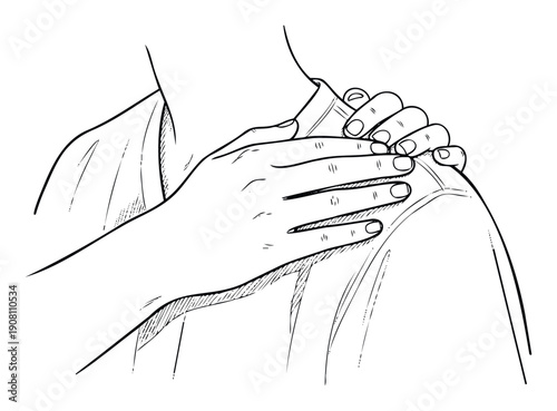 Line drawing depicting a person experiencing shoulder pain or discomfort, with one hand gripping the affected area, suitable for health, medical, or rehabilitation awareness campaigns.