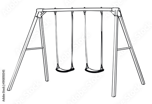 Outlined playground equipment featuring a durable metal frame and two hanging swings, ideal for illustrating youth activities, park scenes, or recreation themes in print and digital media.