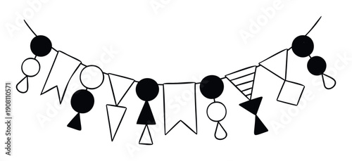 Simple black and white garland featuring various geometric shapes and flags, perfect for adding a playful decorative border to party invitations, holiday greetings, or cheerful event