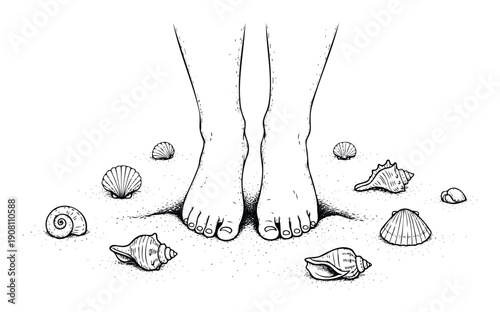 Bare feet standing firmly in soft beach sand surrounded by various seashells evoking a feeling of summer vacation and relaxation perfect for travel brochures or seaside product advertising