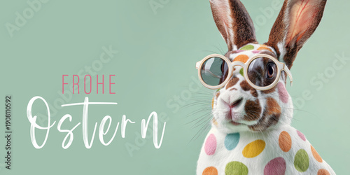 Frohe Ostern Konzept, Ferien Feiertag Grußkarte, Karte mit deutschem Text - Lustiger Osterhase Feldhase Hase mit Sonnenbrille und bunten Ostereiern, isoliert auf grünem Hintergrund