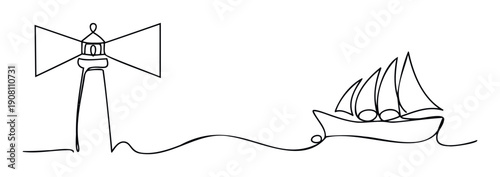 Continuous line drawing depicting a lighthouse guiding a sailboat on the sea, perfect for ocean themed projects, maritime travel promotions, and serene navigation concepts