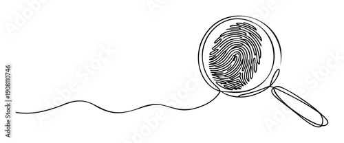 Continuous one line drawing of a magnifying glass examining a unique fingerprint symbolizing identity security and forensic investigation for technology and business content