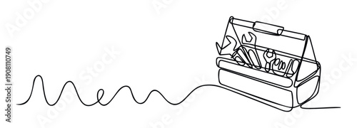A continuous single line drawing forming an open metal toolbox containing essential hand tools like wrenches and screwdrivers alongside the word Menu ideal for service directories or repair