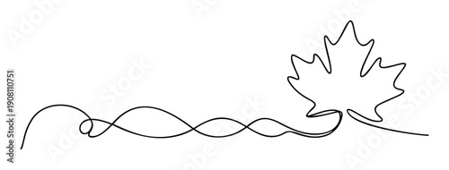 Minimalist one line drawing of a maple leaf with a flowing continuous stroke for modern graphic design and seasonal autumn marketing materials
