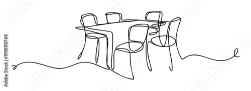 Abstract continuous line drawing illustrating a complete dining room set with a table and six chairs, suitable for contemporary design projects and minimalist aesthetic branding.