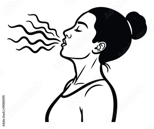 Profile view of a woman blowing air or exhaling, depicted with wavy lines representing breath, suitable for health, wellness, and lifestyle media projects
