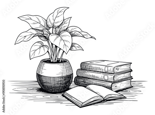 Detailed handdrawn sketch featuring a leafy potted plant next to a stack of classic books with one open, ideal for academic publications, reading promotions, or cozy home interior themes.