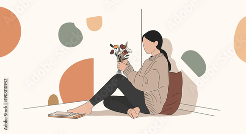 Woman with Flowers, Minimalist Abstract Background, Cozy Home Scene