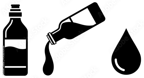 Illustration of a bottle and a flask with liquid being poured, forming a single drop, depicted in a simple graphic style