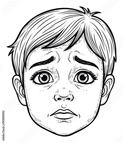 Young child with a worried facial expression, a poignant drawing suitable for topics about childhood emotions, vulnerability, or sensitive social issues.