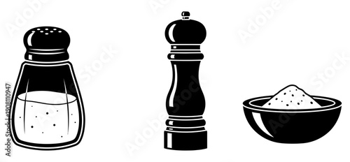 Salt and pepper shakers with salt bowl, kitchen utensils, monochrome illustration, isolated on a simple background, viewed from the front