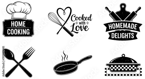 Collection of cooking icons and emblems representing home cooking and homemade delights with various utensils and a cooking pan