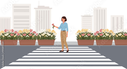 Woman with flower on crosswalk, city flowers, urban nature, spring season, cityscape