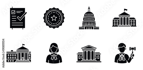 Collection of government, legislation, and justice system icons depicting official buildings, legal professionals, and administrative processes perfect for legal services websites, policy