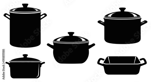 A collection of black silhouette kitchen cookware, including pots, pans, and baking dishes, for culinary preparation