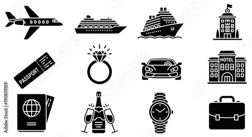 Collection of travel and luxury icons including vehicles, jewelry, and accessories displayed in a grid layout on a clean background
