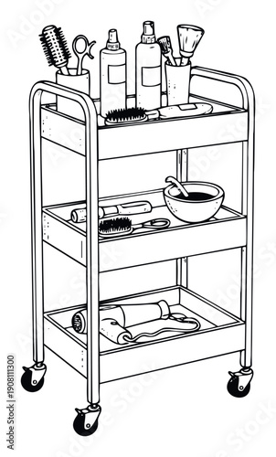 Professional salon trolley with hair care tools and beauty products for barbershops, cosmetology schools, or spa equipment presentations