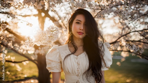 Young woman stands near cherry blossom tree during sunset in a park, enjoying nature and light in the warm evening
