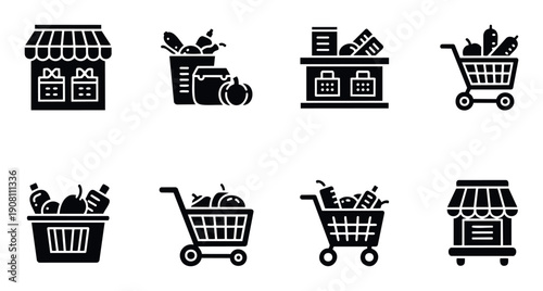 A versatile collection of shopping and grocery icons showcasing retail, market, and consumer purchase activities, perfect for commercial applications, websites, and business presentations.