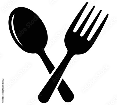 A simple black and white illustration of a fork and spoon crossed together, representing food and dining experiences