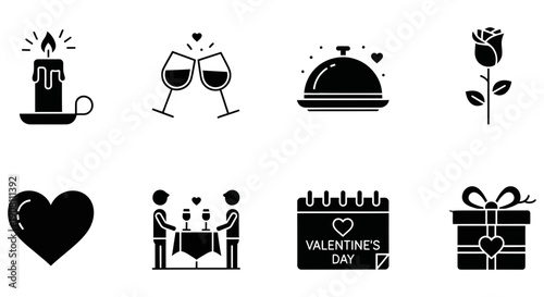 Collection of romantic Valentine's Day themed icons including a candle, wine glasses, rose, heart, dinner, calendar, and gift box, perfect for web and print