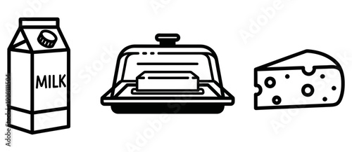 Dairy products assortment a carton of milk, a butter dish with a lid, and a wedge of cheese, all in line art style