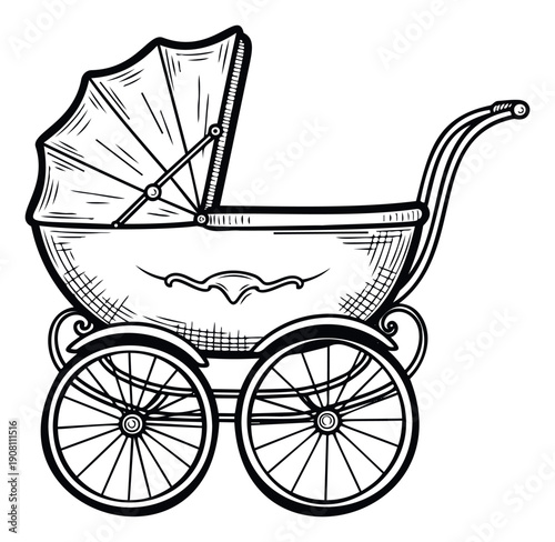 Traditional black and white outline drawing of a vintage baby carriage perfect for birth announcements, nursery decor, child care branding, and celebrating new life