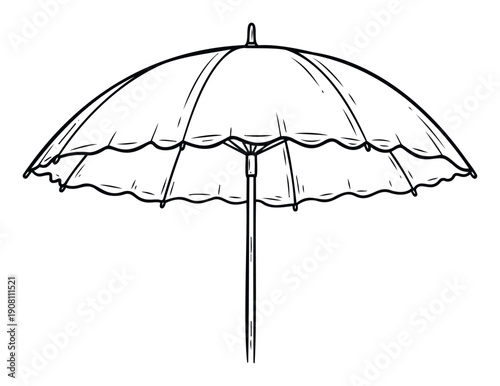 A detailed line drawing of an open beach umbrella, perfect for summer vacation advertisements, outdoor event promotions, or graphic resources illustrating sun protection and leisure