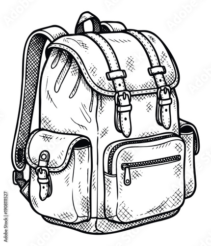 Detailed hand drawn vintage style backpack with buckles and multiple pockets perfect for travel adventure or school related educational concepts and product branding