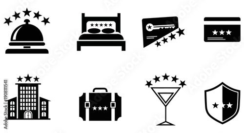 Collection of hotel and travel related icons including a bell, bed, card, building, suitcase, cocktail, and shield with stars