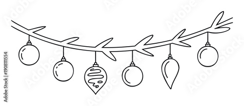 Simple line drawing of a festive garland adorned with various hanging holiday ornaments perfect for seasonal greetings, winter decoration projects, and celebratory events