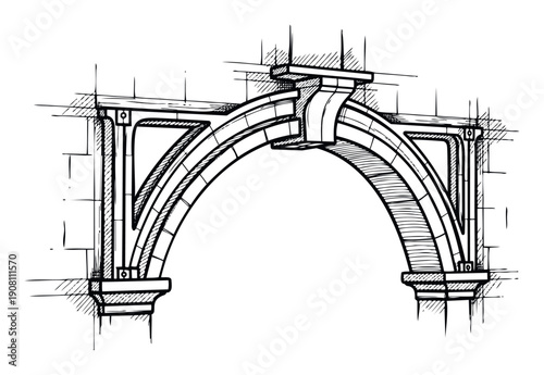 Detailed black and white architectural sketch of a classic stone arch structure with supporting elements ideal for historical engineering blueprints or construction project documentation.