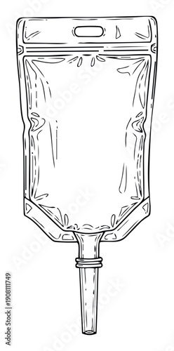 Hand drawn outline sketch of a flexible clear liquid pouch with a bottom spout and top handle for various packaging design and product illustration needs
