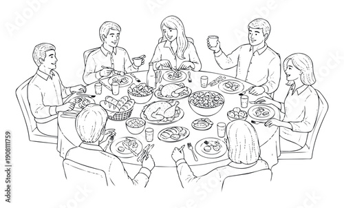 A happy group of people share a joyful festive meal around a round table laden with delicious food like turkey, bread, and potatoes, illustrating togetherness and celebration for seasonal