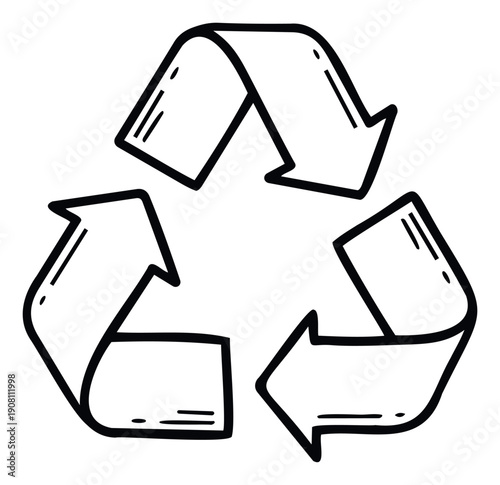 Hand sketched line art recycling symbol representing eco friendly practices and sustainability for packaging labels and informational graphics materials and environmental education
