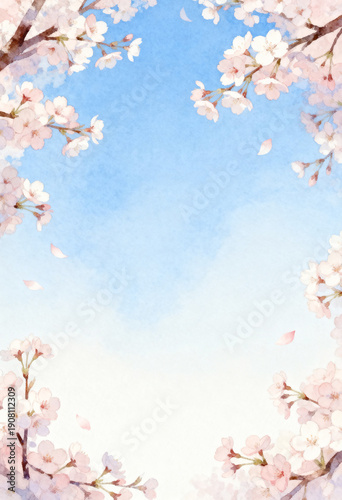Watercolor landscape illustration evoking a warm and dreamy spring atmosphere with pink cherry blossom trees in full bloom on a hill contrasting against a clear blue sky