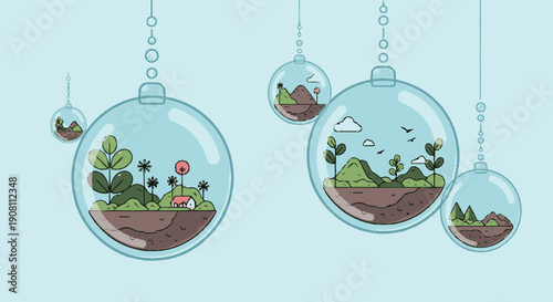 Hanging Glass Ornaments with Miniature Landscapes Inside.