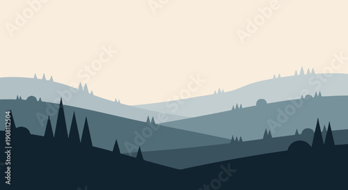Silhouette of Trees and Rolling Hills Landscape.