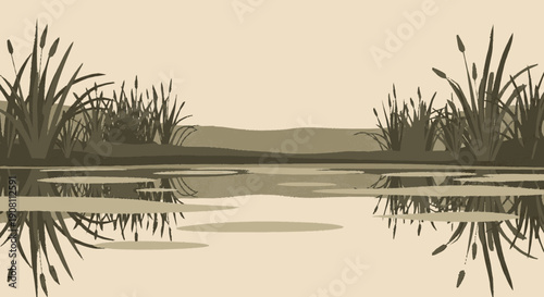 Reeds and Grasses Growing in Calm Water.