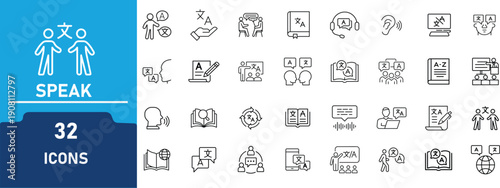 Speak and Language Communication Line Icon Set .Translation, Conversation, Multilingual, Speech, Learning Outline Icons. Editable Stroke Vector Collection