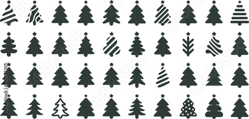 Numerous black silhouette Christmas tree icons showcasing diverse shapes and styles for holidays
